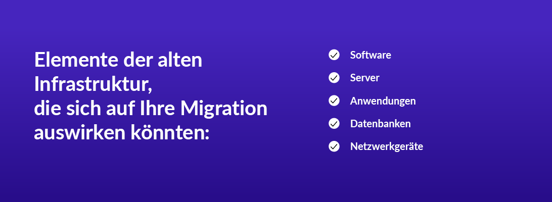 Elemente der alten Infrastruktur, die sich auf Ihre Migration auswirken könnten: Software Server Anwendungen Datenbanken Netzwerkgeräte