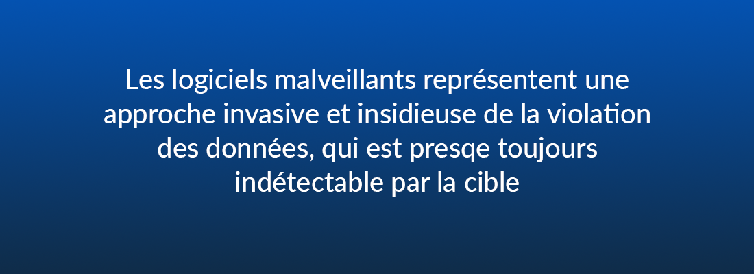 Les logiciels malveillants représentent une approche invasive et insidieuse de la violation des données, qui est presque toujours indétectable par la cible