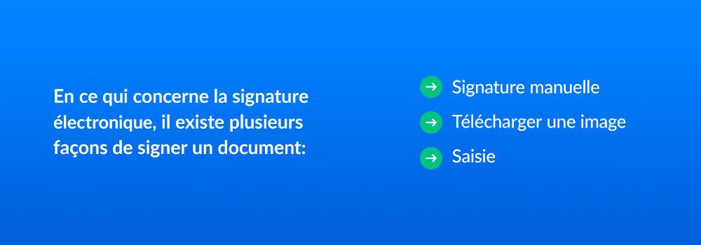 en ce qui concerne la signature electronique, il existe plusieurs façons de signer un document: signature manuelle, telecharger une image, saisie