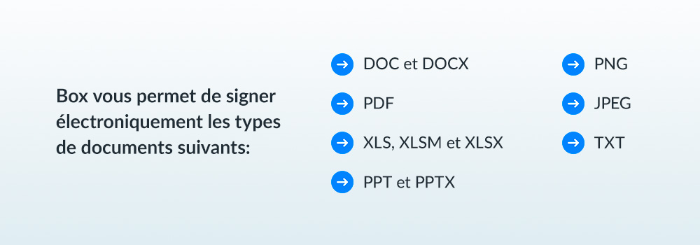 Box vous permet de signer electroniquement les types de documents suivants: DOC et DOCX, PDF, XLS, XLSM, et XLSX, PPT et PPTX, PNG, JPEG, TXT