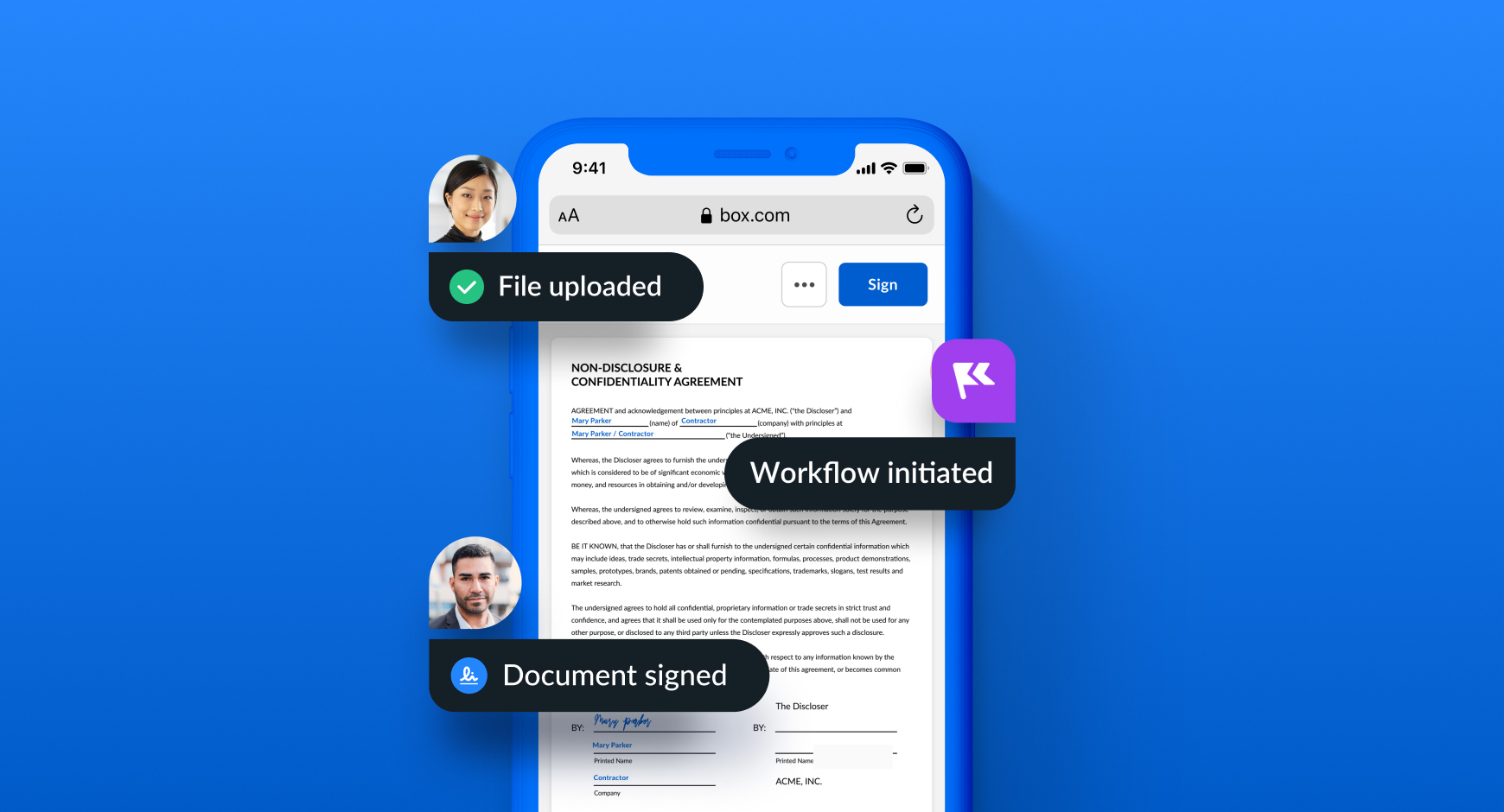 Visual representation of a contract creation and signing workflow in Relay