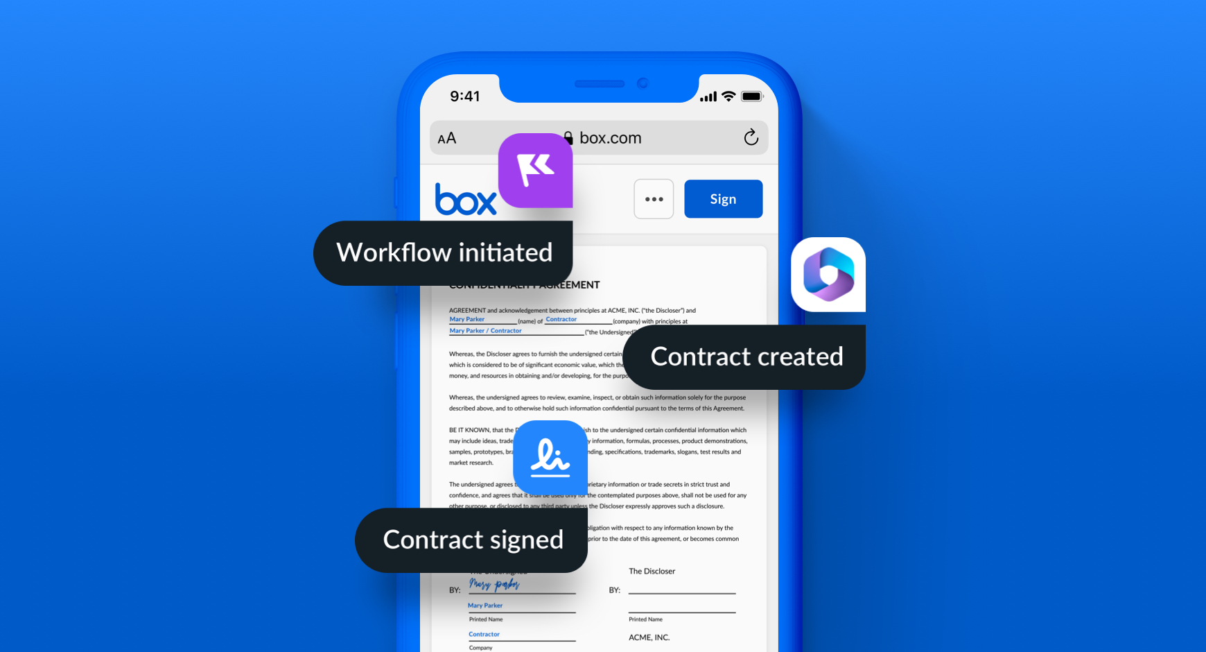 Visual representation of a contract creation and signing workflow in Relay