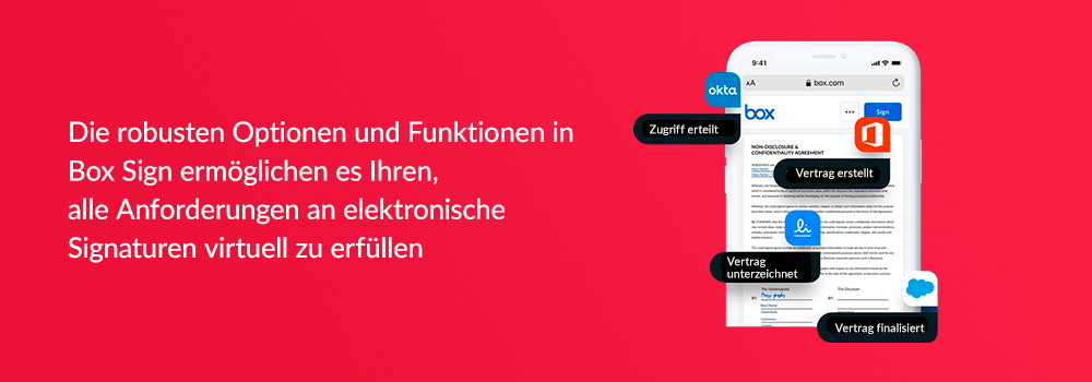 Die robusten Optionen und Funktionen in Box Sign ermöglichen es Ihren, alle Anforderungen an elektronische Signaturen virtuell zu erfüllen