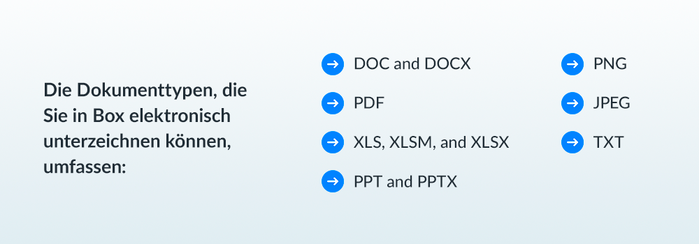 Die Dokumenttypen, die Sie in Box elektronisch →PDF → JPEG unterzeichnen können, umfassen