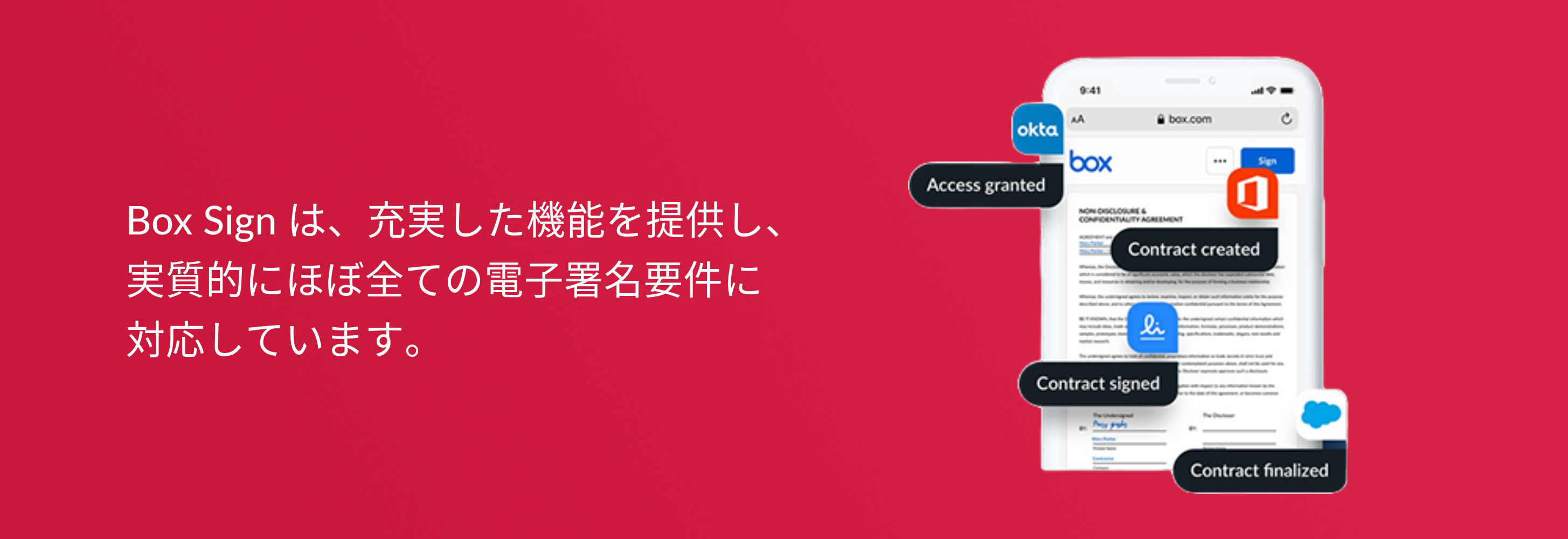 Box Signは、充実した機能を提供し、 実質的にほぼ全ての電子署名要件に 対応しています。