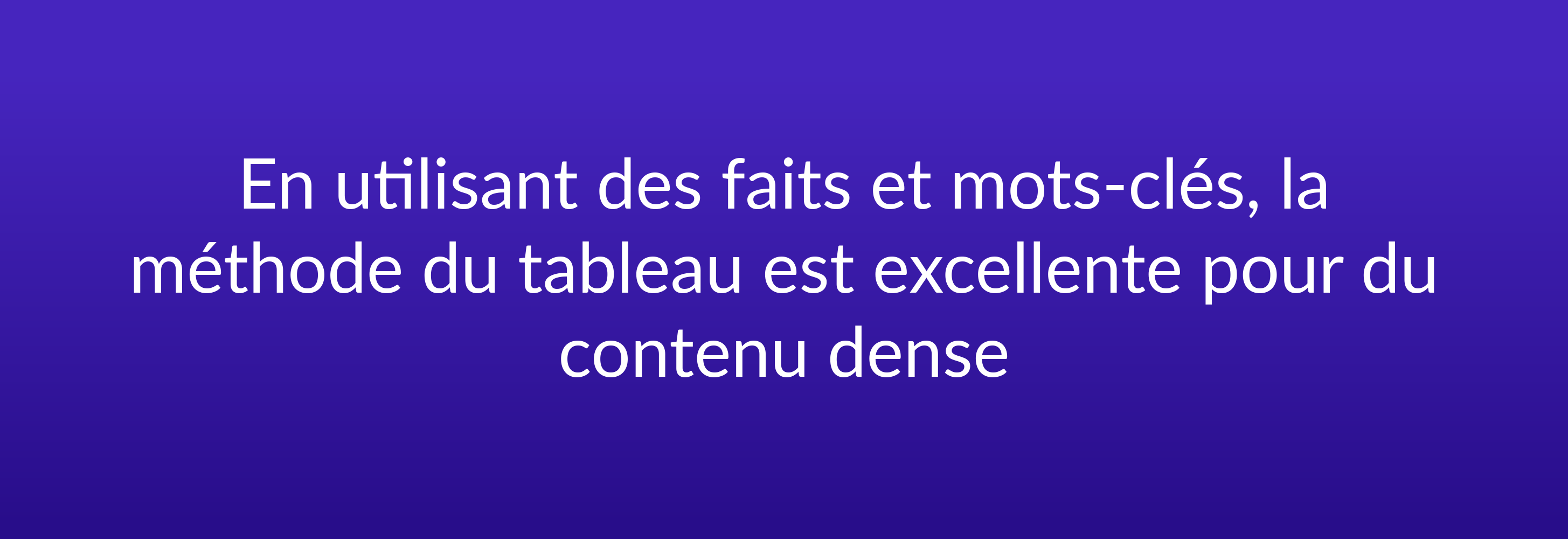 En utilisant des faits et mots-clés, la méthode du tableau est excellente pour du contenu dense