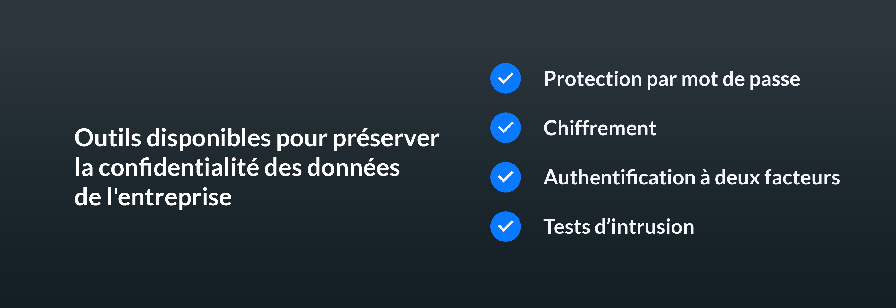 Outils disponibles pour préserver la confidentialité des données de l'entreprise: Protection par mot de passe, Chiffrement, Authentification à deux facteurs, Tests d’intrusion