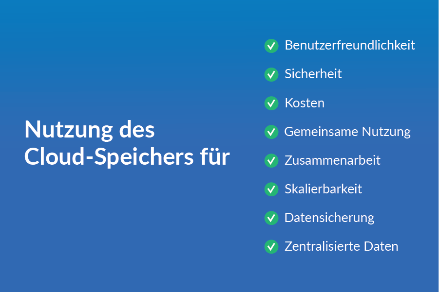 Nutzung des Cloud-Speichers für Benutzerfreundlichkeit Sicherheit Kosten Gemeinsame Nutzung Zusammenarbeit Skalierbarkeit Datensicherung Zentralisierte Daten