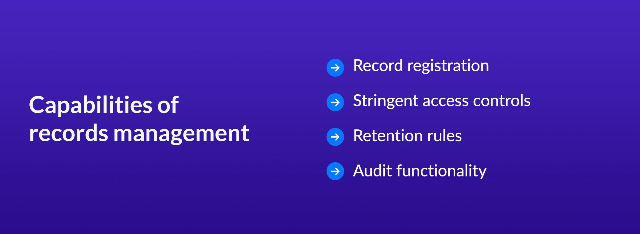 Capabilities of records management - record registration, stringent access controls, retention rules, audit functionality